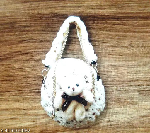 Stylish girl's sling bag with bear pouch, pink and white crochet design, gold-tone metal hardware