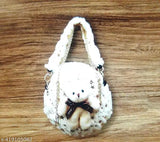 Stylish girl's sling bag with bear pouch, pink and white crochet design, gold-tone metal hardware
