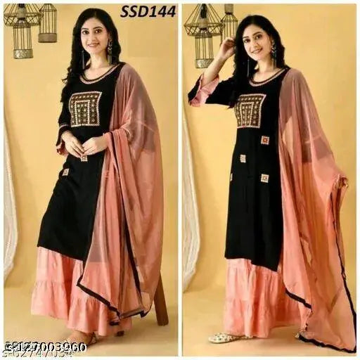 Women's traditional rayon straight neck kurta set with dupatta black