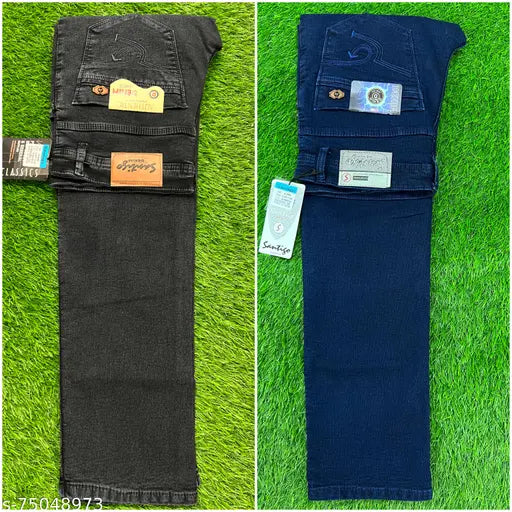 Made in India denim combo jeans for men, high-quality stretchable fabric, long-lasting solid color. Sizes available: 30, 32, 34, 36, 38 (Waist: 30/32/34/36/38, Hip: same as waist, Length: 42in)
