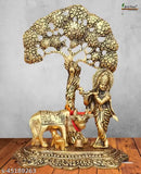 Golden metal Kamdhenu statue: BRIJ HAAT's Krishna with cow under tree for home decor, gift (15cm)