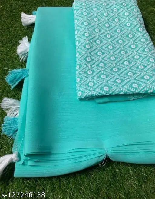 Georgette CIFFONE Saree with embroidered net blouse, free size, India origin