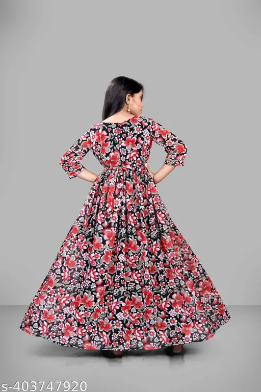 Cotton blend girl's ruffle gown, printed net design, 14 baby girl dress by Saara Company for fancy occasions