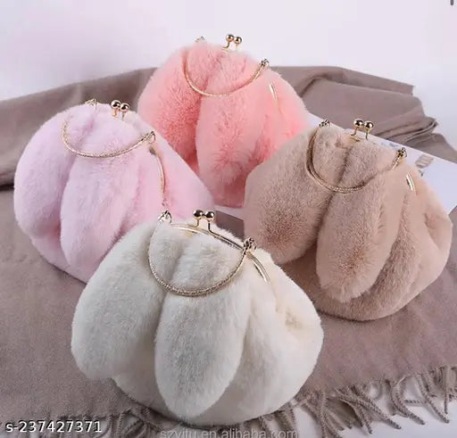 Rabbit-ear fur handbag with gold zippers, available in 3 colors: pink, purple, and beige. Comes as a pack of 2