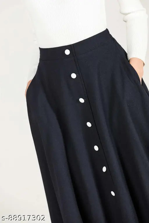 Black western flared skirt, fitted waist with white buttons, 40 inches length