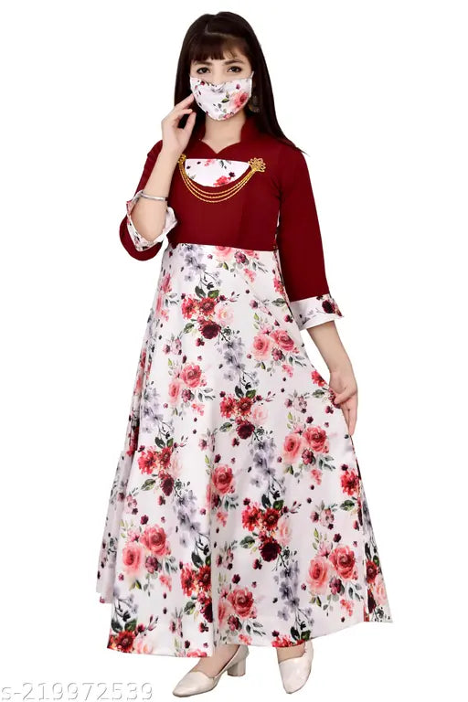 Maroon cotton blend maxi dress, 3/4 sleeves, western style for girls party wear