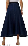Blue stretchable denim skirt with side pockets, perfect for western style. Mid-length, designed for comfort and flattering fit. Available in sizes 26-44 inches waist. Made in India