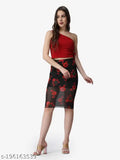 Black floral pencil skirt, polyester, printed net. POPWINGS women's durable and comfortable knit skirt with elasticated waistband, knee length, suitable for various sizes (26, 28, 30, 32, 34) and pairs well with crop tops and white flats. Made in India