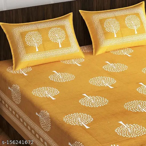 Pure cotton, botanical-print Jaipur Collection Sanganeri bedsheet with 2 pillow covers, ideal for summer use on a double bed, India origin