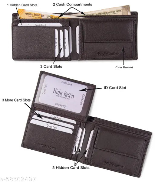 Brown leather men's large size bi-fold wallet, Hide Horn brand, RFID protected, 2 compartments & 6 card slots