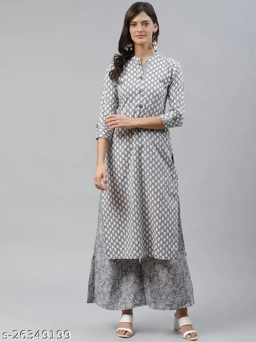 Trendy grey cotton women's kurta set with palazzos, printed calf-length, mandarin collar, regular sleeves - India export