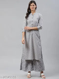 Trendy grey cotton women's kurta set with palazzos, printed calf-length, mandarin collar, regular sleeves - India export