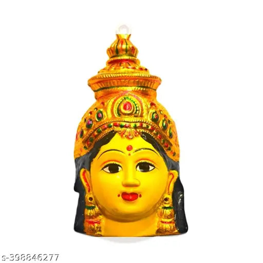 Metal god idol, Indian Gowri Ammavari Mata face, 6 inches size, traditional religious artifact on display