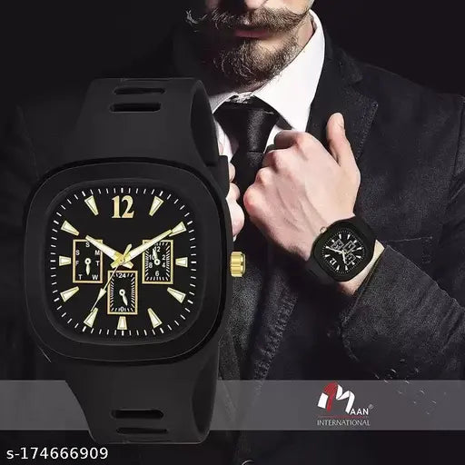 Black combo pack: 3 black adjustable baseball caps, polarized sunglasses with silicon strap analog watches for men and boys
