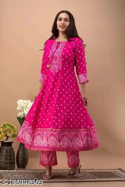 Women's rayon printed Anarkali kurti with palazzos, three-quarter sleeves, vibrant Indian design