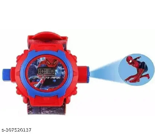 Red digital watch with Spider-Man image on face, projecting toy image, rubber material, gift item for boys or girls