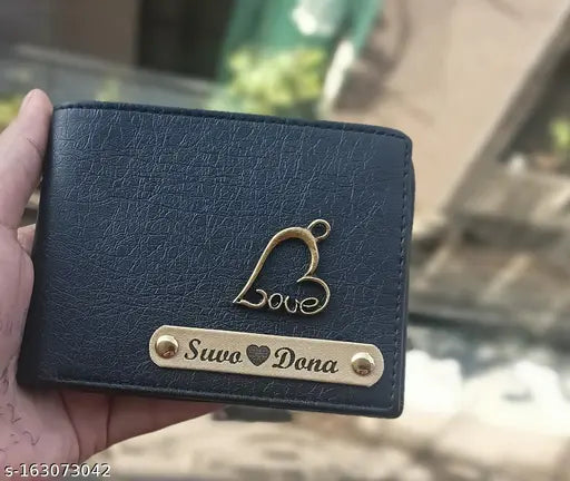 Unique customized men's canvas & leather wallet, free size (10cm x 10cm), solid net pattern, personalize with name and charm design