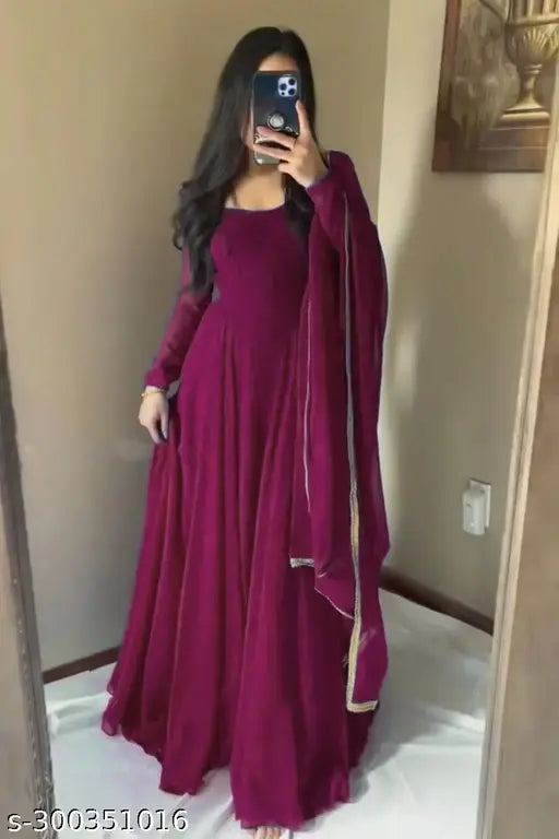 Georgette women's gown, solid net best seller with crepe lining, India-made 2m dupatta, long sleeves