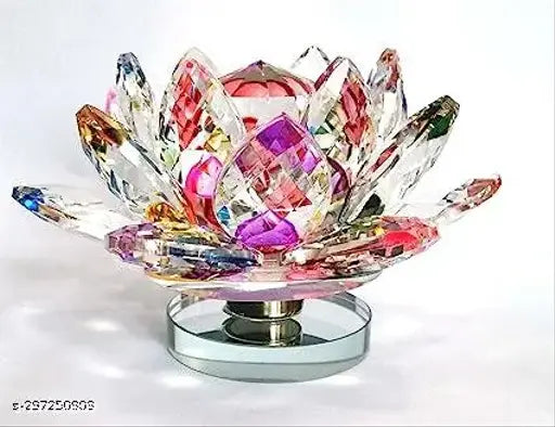 Crystal Revolving Lotus (Small, 8x8x5) for peace, prosperity, and wealth. Glass crystal prism signifying beauty and calmness for harmonious relationships. Feng Shui showpiece attracting positive energy and Chi