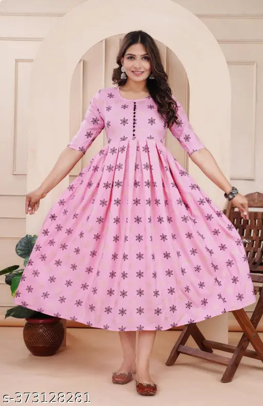 Rayon printed Zoya Anarkali flared kurti, three-quarter sleeves, ideal for everyday office or casual wear, India origin