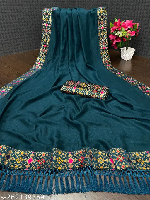 Rainbow fency lace Vichitra silk saree with jalar border and matching blouse, free size