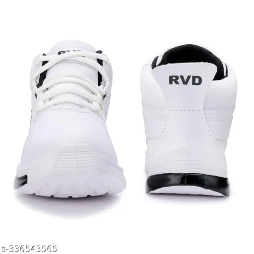 White lace-up sports shoes with black soles, ideal for boys and girls outdoor walking or running all day