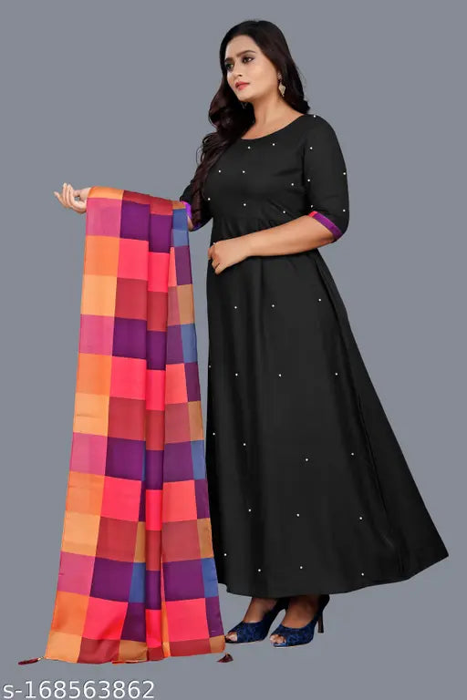 Rayon Anarkali Black dress with bamboo inner fabric and art silk dupatta, traditional Indian attire on mannequin