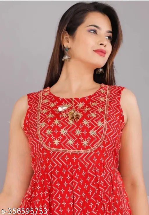 Red rayon printed short anarkali kurta sharara set for women with dupatta, sleeveless design, 3 piece set