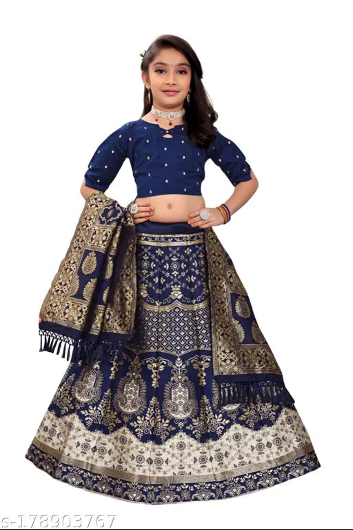 Bamboo Lehenga Choli set for little girls, featuring short sleeved zari woven top and jacquard stitch dupatta, 7-12 years, Indian origin
