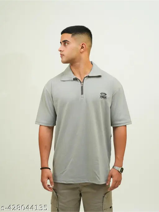 Grey cotton drop shoulder polo t-shirt with zipper for men, half sleeve, oversized fit, classic collar - Made in India