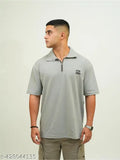 Grey cotton drop shoulder polo t-shirt with zipper for men, half sleeve, oversized fit, classic collar - Made in India