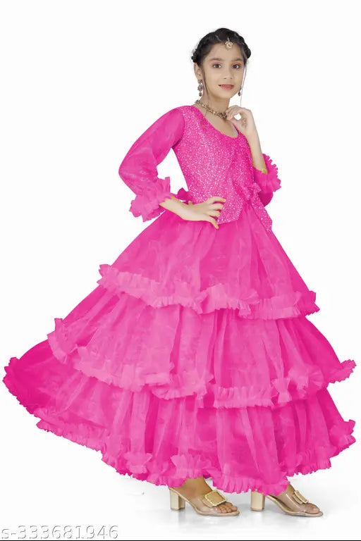 Indian net long sleeve kids gown, exquisite solid pattern, perfect for special occasions