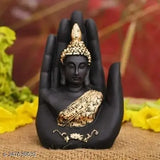 Black polyresin Buddha statue, 13cm tall, 12.5cm wide, 12cm deep, from Ramashram's Palm collection for living rooms
