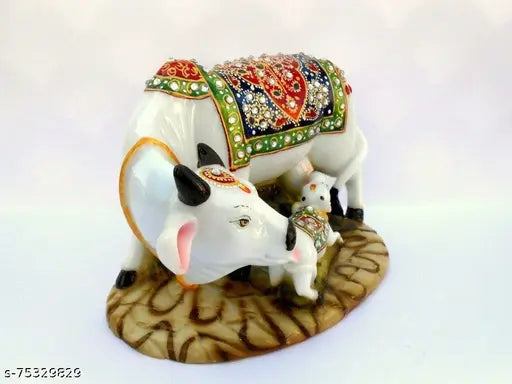 Handicraft decorative resin Kamdhenu cow with calf statue, spiritual figurine for home or office decor