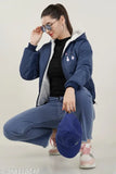 Nylon printed puffer jacket for women, long sleeves, fur hoodie and cross pocket, soft primum quality