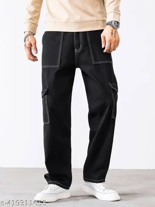 Black denim men's skinny fit pants with six pockets