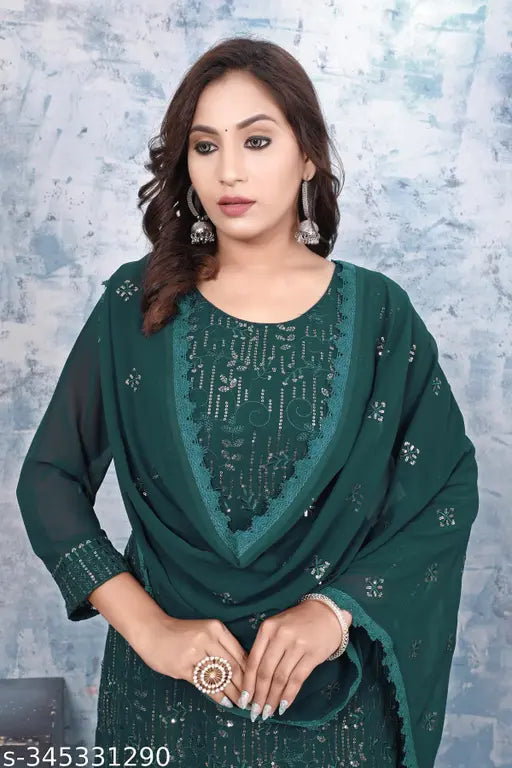 Black georgette straight embroidered kurti with sharara and duppatta work, matching dupatta