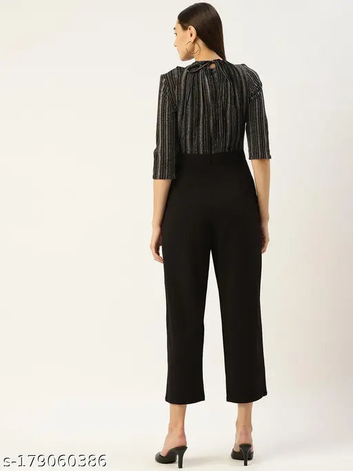 Black and white striped crepe jumpsuit for women, three-quarter sleeves, round neck, two pockets - Size S fits chest 31", waist 27", hips 36