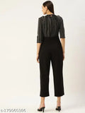 Black and white striped crepe jumpsuit for women, three-quarter sleeves, round neck, two pockets - Size S fits chest 31", waist 27", hips 36