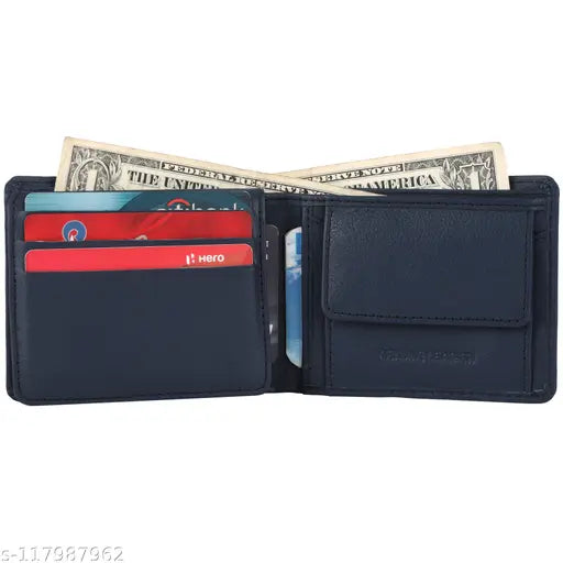 Blue soft leather men's wallet, genuine Crane Leathers, regular size with 6 card slots & 2 compartments