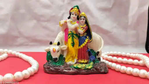 Multicolor resin Radha Krishna ji statue with cow, Indian Krishna idol standing 9cm tall on base