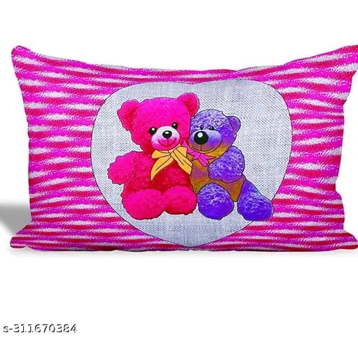 100 Cotton Jaipuri Cartoon Bed Sheet with 2 Pillow Covers, pink and blue teddy bears