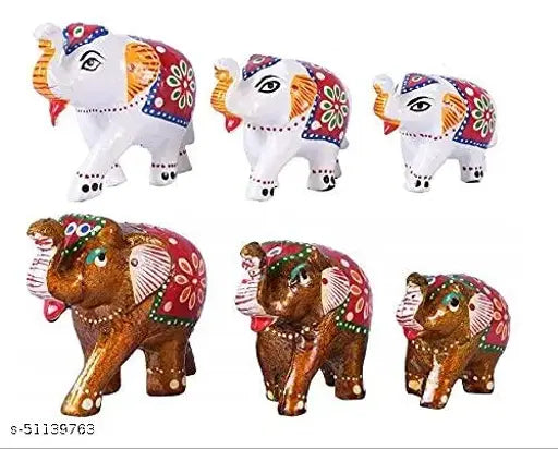 White and yellow ceramic Indian elephant showpiece figurine set - 3 pair pieces for living room decor, 10 cm tall