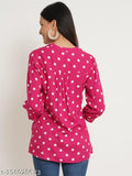 Red & White Polka Dot Print Plus Size Top in Rayon - Three-Quarter Sleeve, Mandarin Collar