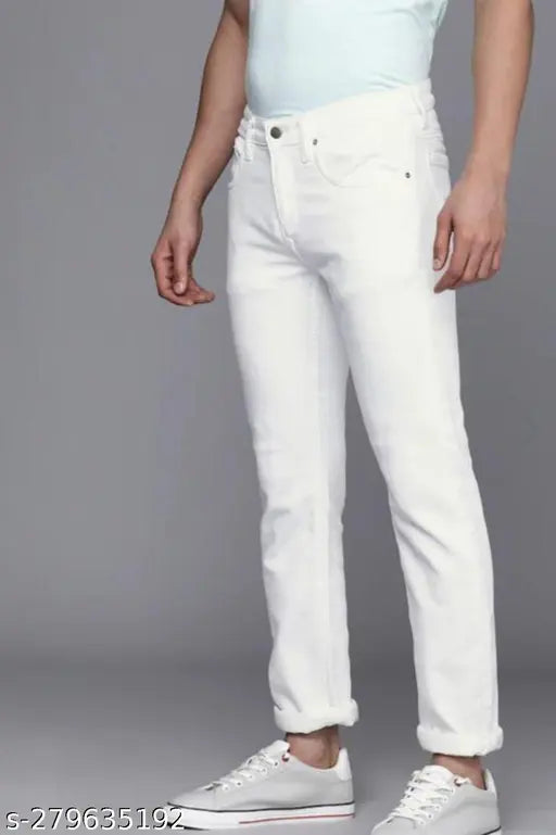 White polycotton solid net slim-fit jeans, comfortable and soft for men and boys in sizes 28, 30, 32. India-made white stylish jeans on hanger