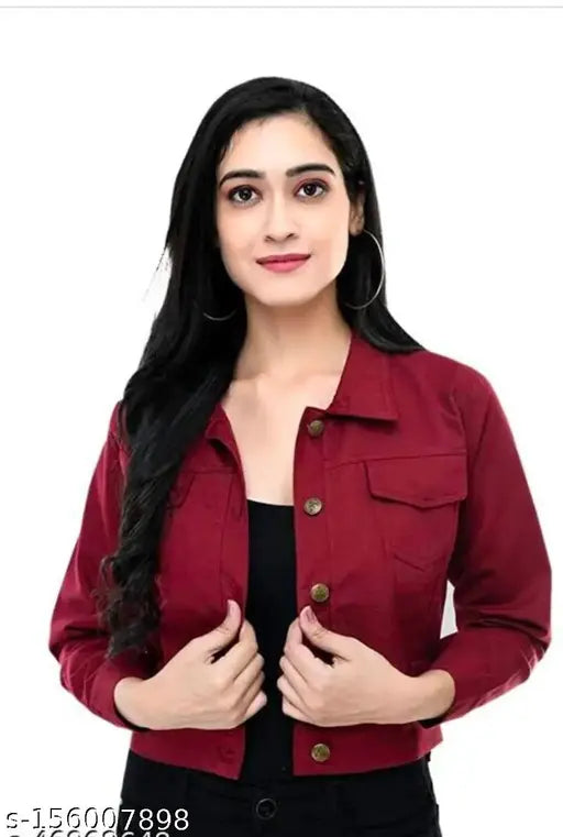 Maroon denim waistcoat for women, solid pattern, long sleeves, classic design, perfect addition to your wardrobe