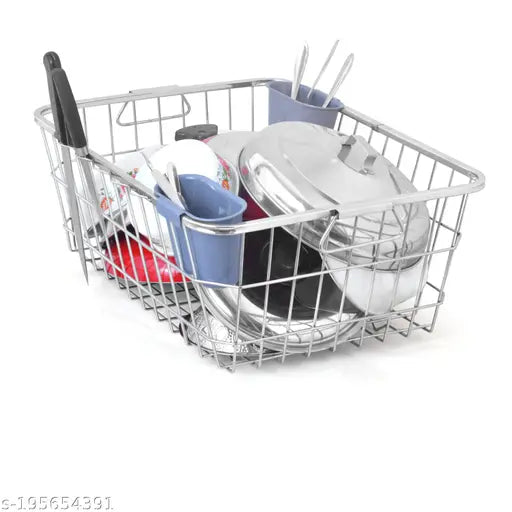 A heavy steel dish drainer with a black basket, designed to hold kitchen utensils and pots