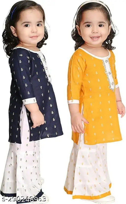 Printed rayon baby girls Kura & Palazzo Set combo for casual wear, featuring A-line top and palazzo bottoms. Available in multiple sizes from 0-3 Months to 2-3 Years. Made in India