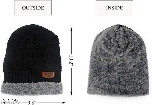 Black and blue faux fur winter beanie cap with 2 pieces, inside warm fur