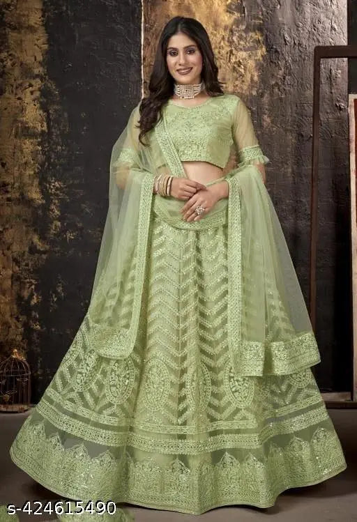 Soft net semi-stitched lehenga choli dupatta set for women, embellished and under budget. Free size, net fabric, Indian origin